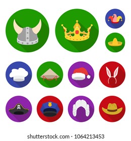Different kinds of hats flat icons in set collection for design.Headdress vector symbol stock web illustration.