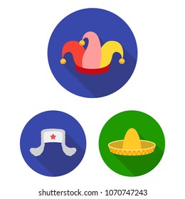 Different kinds of hats flat icons in set collection for design.Headdress vector symbol stock web illustration.