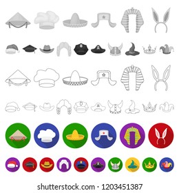 Different kinds of hats flat icons in set collection for design.Headdress vector symbol stock web illustration.