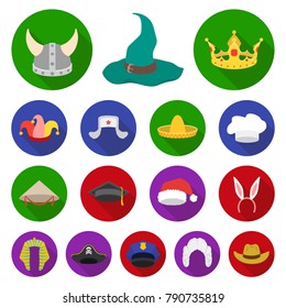 Different kinds of hats flat icons in set collection for design.Headdress vector symbol stock web illustration.