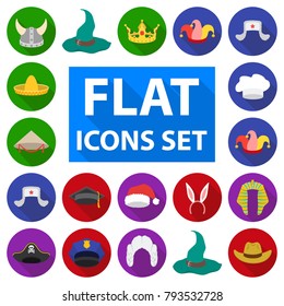 Different kinds of hats flat icons in set collection for design.Headdress vector symbol stock web illustration.