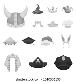 Different kinds of hats monochrome icons in set collection for design.Headdress vector symbol stock web illustration.