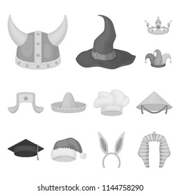 Different kinds of hats monochrome icons in set collection for design.Headdress vector symbol stock web illustration.