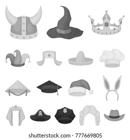 Different kinds of hats monochrome icons in set collection for design.Headdress vector symbol stock web illustration.