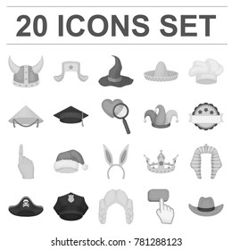 Different kinds of hats monochrome icons in set collection for design.Headdress vector symbol stock web illustration.