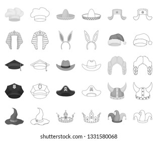 Different kinds of hats monochrome,outline icons in set collection for design.Headdress vector symbol stock web illustration.