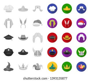 Different kinds of hats mono,flat icons in set collection for design.Headdress vector symbol stock web illustration.
