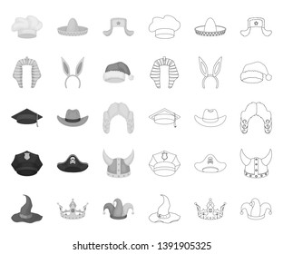 Different kinds of hats mono,outline icons in set collection for design.Headdress vector symbol stock web illustration.