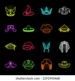 Different kinds of hats neon icons in set collection for design.Headdress vector symbol stock web illustration.