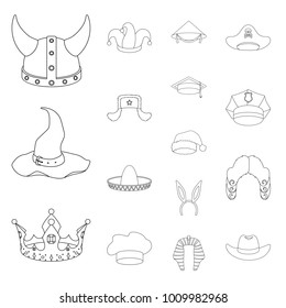 Different kinds of hats outline icons in set collection for design.Headdress vector symbol stock web illustration.