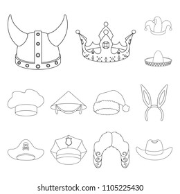 Different kinds of hats outline icons in set collection for design.Headdress vector symbol stock web illustration.