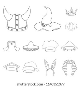 Different kinds of hats outline icons in set collection for design.Headdress vector symbol stock web illustration.