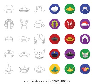 Different kinds  hats outline,flat icons in set collection  design.Headdress vector symbol stock web illustration.