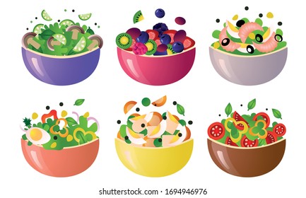Different kinds of healthy fresh salads meals in colorful bowls vector illustration