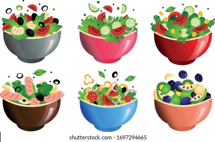 Different kinds of healthy fresh salads in bowls vector illustration