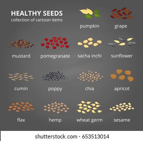 Different kinds of healthy seeds in cartoon style with names isolated on chalkboard background.