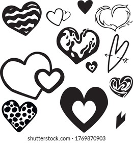 Different kinds of hearts, set   
(doodle style , linear sketch )