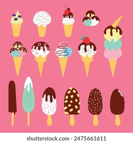 Diferentes tipos de conos de helado y paletas de Vector conjunto de estilo plano