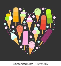 Different kinds of ice cream in frame with heart. Vector illustration.