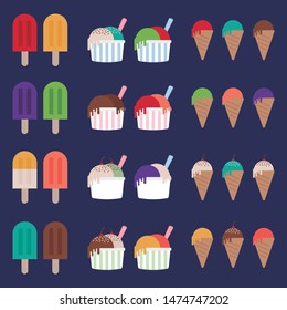 Different kinds of ice creams vector, popsicles, ice cream cones and sundaes vector on dark blue background.