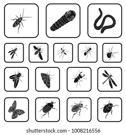 Different kinds of insects black icons in set collection for design. Insect arthropod vector isometric symbol stock web illustration.
