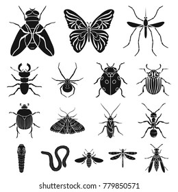 Different kinds of insects black icons in set collection for design. Insect arthropod vector symbol stock web illustration. svg
