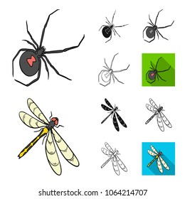 Different kinds of insects cartoon,black,flat,monochrome,outline icons in set collection for design. Insect arthropod vector isometric symbol stock web illustration.