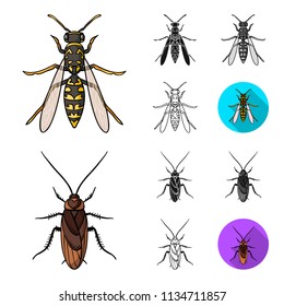 Different kinds of insects cartoon,black,flat,monochrome,outline icons in set collection for design. Insect arthropod vector symbol stock web illustration.