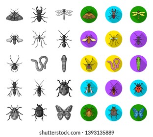 Different kinds of insects mono,flat icons in set collection for design. Insect arthropod vector symbol stock web illustration.