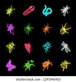 Different kinds of insects neon icons in set collection for design. Insect arthropod vector isometric symbol stock web illustration.