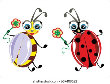 Different kinds of insects on white background illustration.Vector happy cartoon bee and ladybug for children pictures, colorings.