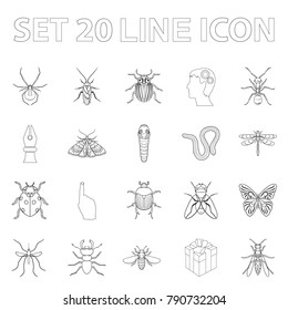 Different kinds of insects outline icons in set collection for design. Insect arthropod vector symbol stock web illustration.