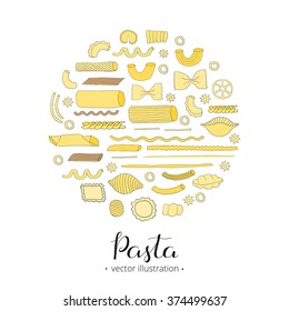 Different kinds of Italian pasta composed in circle shape. Farfalle, fusilli, cannelloni, penne rigate, rigatoni, ravioli, linguine, maccheroni.