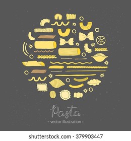 Different kinds of Italian pasta composed in circle shape. Farfalle, fusilli, cannelloni, penne rigate, ragatoni, ravioli, linguine, macheroni.