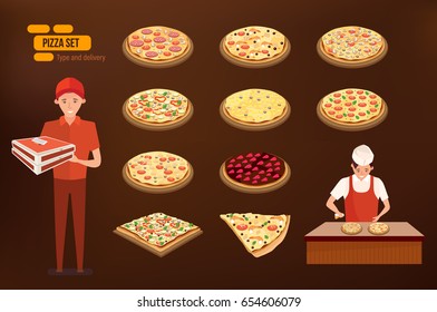 Different kinds of Italian pizza, a pizza delivery man, and a cook cooking pizza on the kitchen table. Vector illustration isolated in cartoon style.