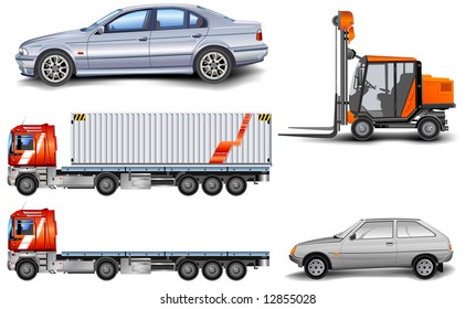 Different kinds of machine: lorry, freight elevator, car, illustration