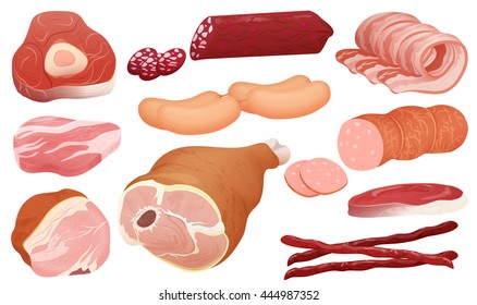 Different kinds of meat collection. Pork meat, veal and ham meat, salami slices, sausage, bacon and beef. 