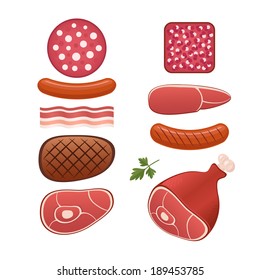 Different kinds of meat, sausages, bacon and tasty ham