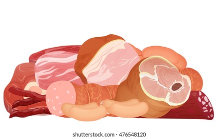 Different kinds of meat set. Pork meat, veal and ham meat, salami slices, sausage, bacon and beef. A lot of meat