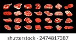 Different kinds of meat. Meat vector set collection. Butchers shop raw food products. Meat illustration bundle. Fresh pork and beef steaks, lamb ribs and sausage vector