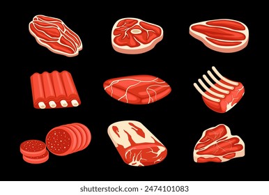 Diferentes tipos de carne. Juego de Vector de carne colección. Los carniceros compran productos de comida cruda. Paquete de ilustración de carne. Carnes frescas de cerdo y ternera, costillas de cordero y Vector de salchichas