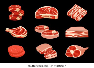 Diferentes tipos de carne. Juego de Vector de carne colección. Los carniceros compran productos de comida cruda. Paquete de ilustración de carne. Carnes frescas de cerdo y ternera, costillas de cordero y Vector de salchichas