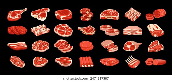 Different kinds of meat. Meat vector set collection. Butchers shop raw food products. Meat illustration bundle. Fresh pork and beef steaks, lamb ribs and sausage vector