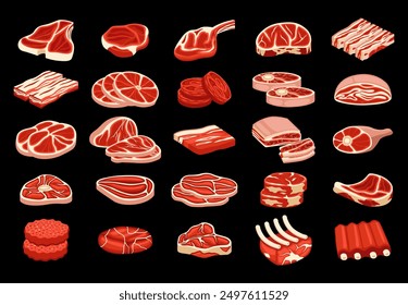 Diferentes tipos de carne. Colección de Vector de carne. Los carniceros compran productos alimenticios crudos. Paquete de ilustración de carne. Filetes frescos de cerdo y ternera, costillas de cordero y Vector de salchichas