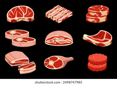 Diferentes tipos de carne. Colección de Vector de carne. Los carniceros compran productos alimenticios crudos. Paquete de ilustración de carne. Filetes frescos de cerdo y ternera, costillas de cordero y Vector de salchichas