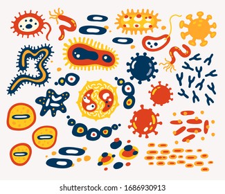 Diferentes tipos de microorganismos sobre fondo blanco. Virus. Organismos bacteriológicos aislados en fondo blanco. Ilustración vectorial plana.