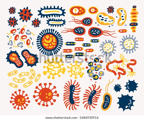 白い背景にさまざまな種類の微生物 ウイルス 白い背景に細菌生物 平らなベクターイラスト のベクター画像素材 ロイヤリティフリー