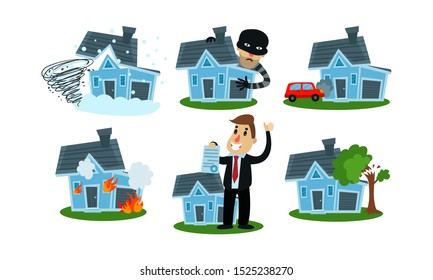 Different Kinds Of Misfortune With Property And Insurance Cases Vector Illustrations Set