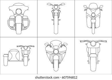 Different kinds motorcycles front view kid's painting canvas set vector illustration