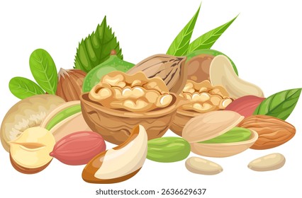 Different kinds of nuts and their green leaves are forming a colorful and delicious mix, promoting a healthy lifestyle with vitamins and vegetable proteins